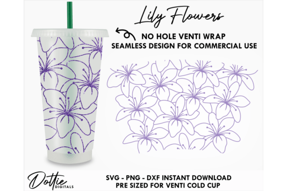 Lily Flowers Cold Cup No Hole SVG 24oz: Graphics for Tumbler Wraps